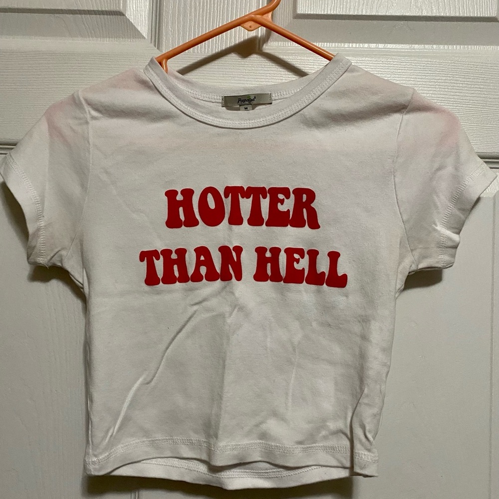White Tee with Red Graphic Text